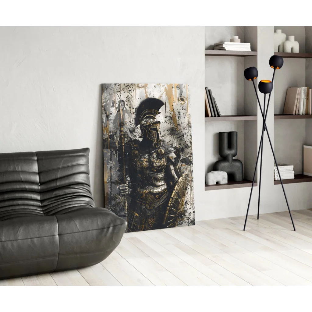Black gold Spartan warrior canvas wall art with textured splattered paint