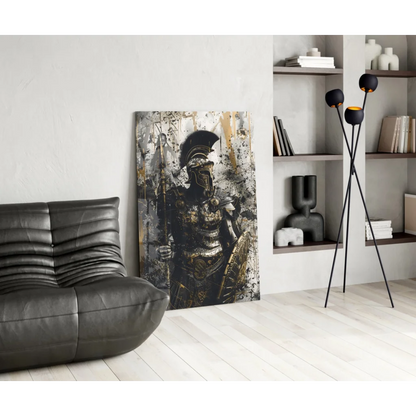 Black gold Spartan warrior canvas wall art with textured splattered paint