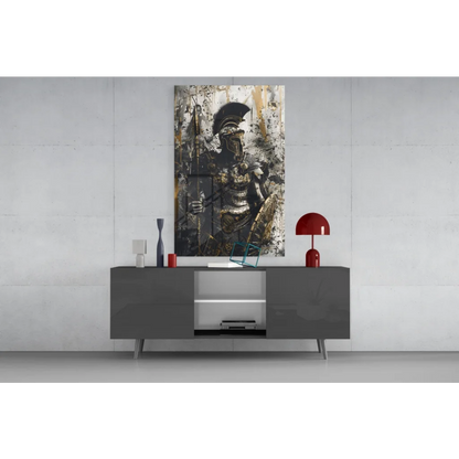 Black gold Spartan warrior wall art canvas print above gray console