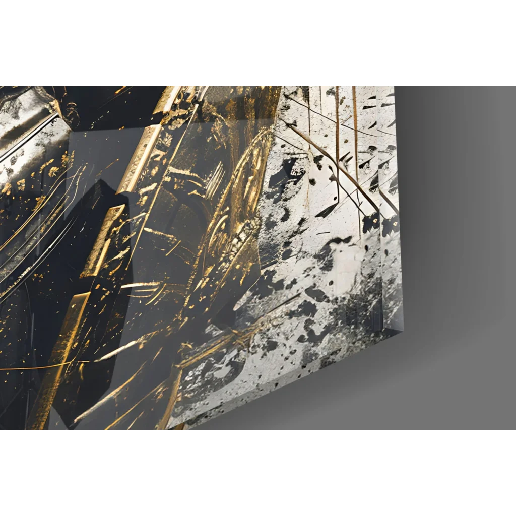 Black Gold Spartan Warrior glass wall art with abstract geometric patterns