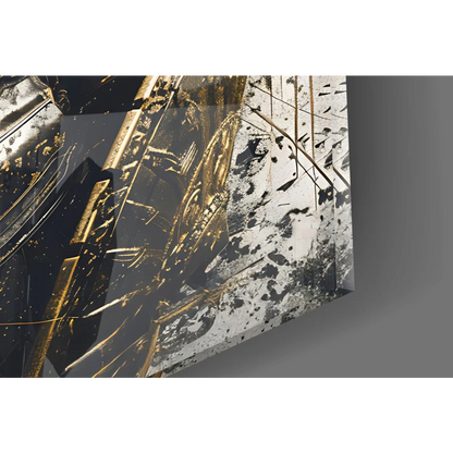 Black Gold Spartan Warrior glass wall art with abstract geometric patterns