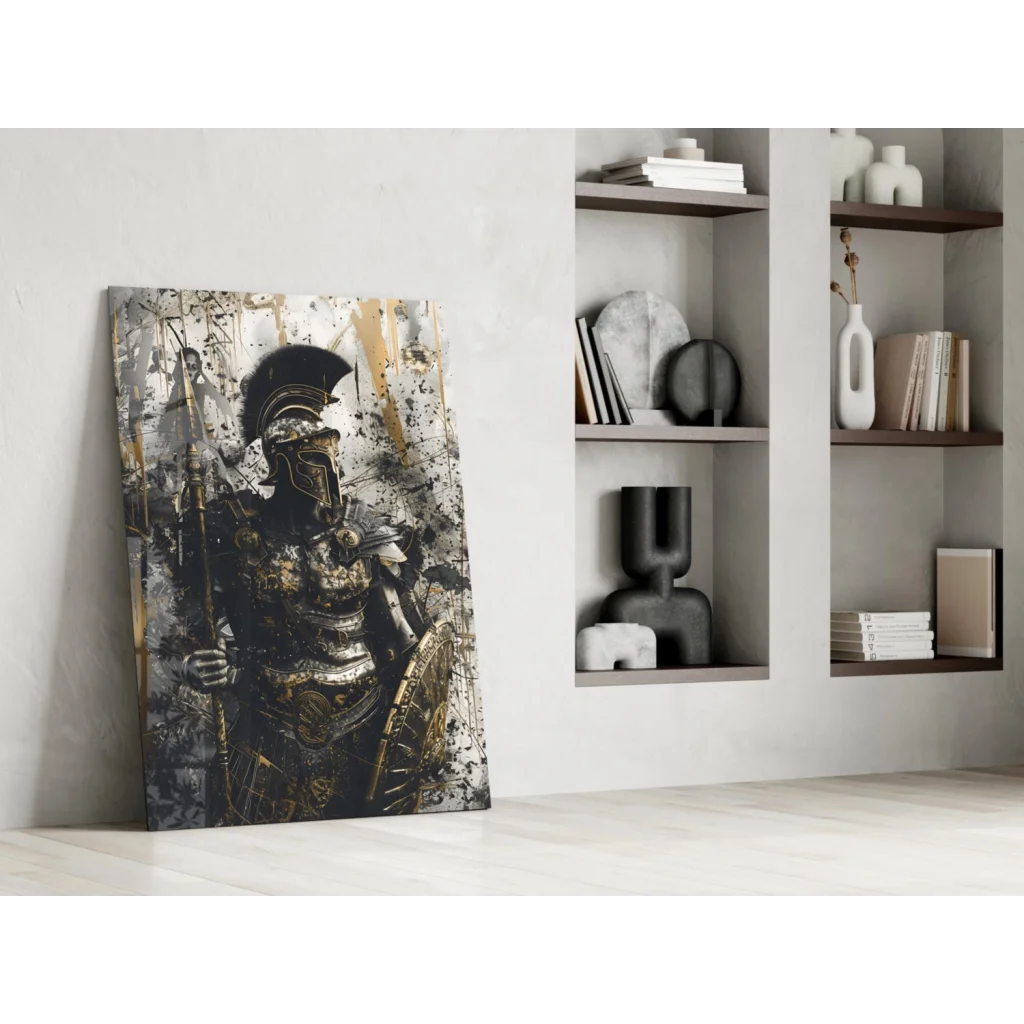 Black gold Spartan warrior canvas wall art with splattered paint