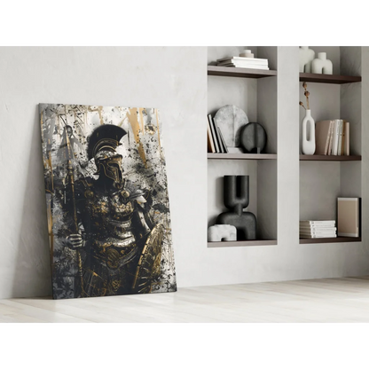 Black gold Spartan warrior canvas wall art with splattered paint