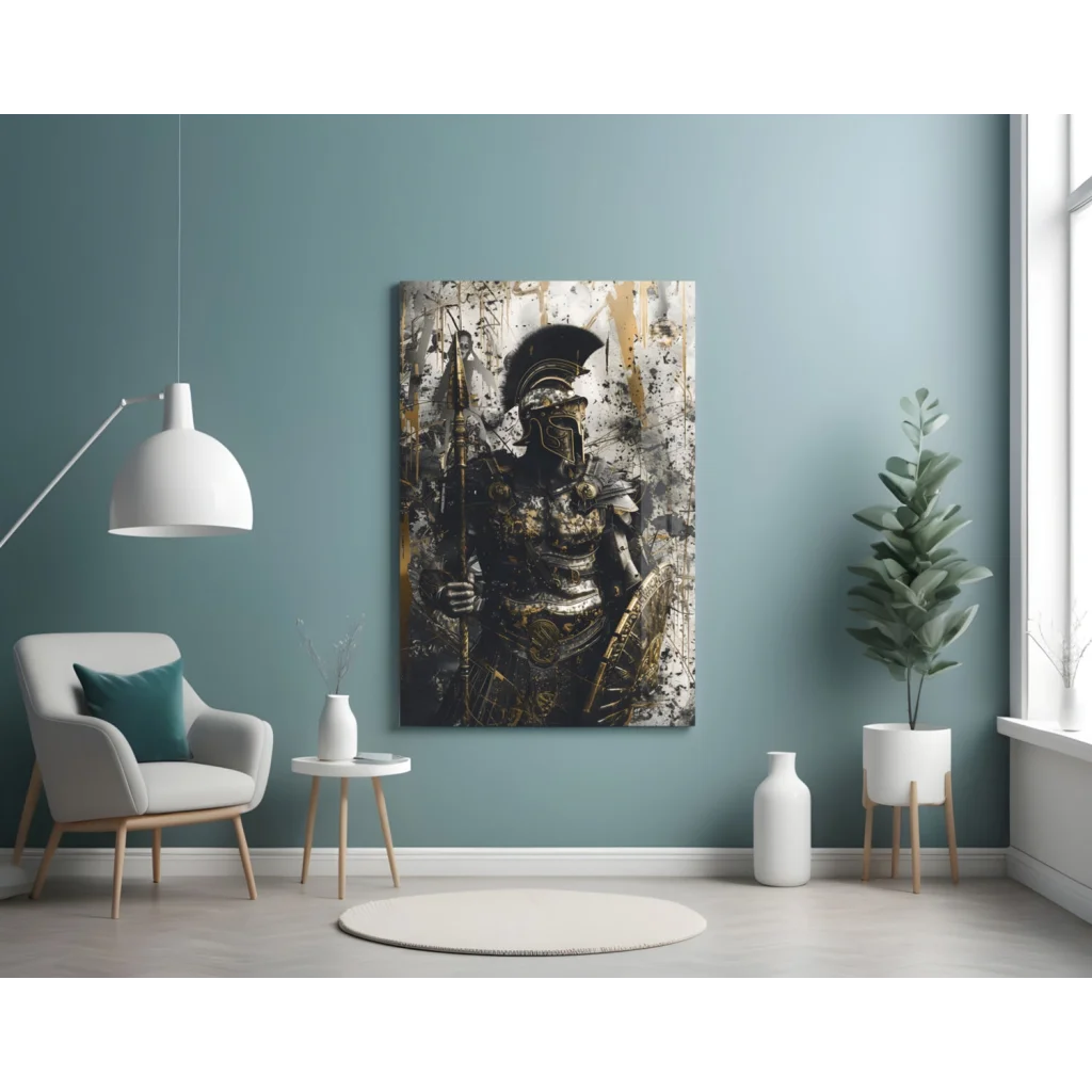 Black gold Spartan warrior canvas wall art on teal wall