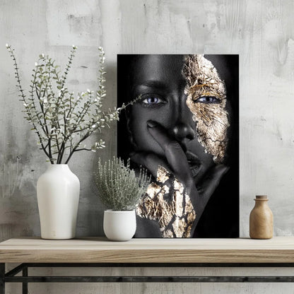 Black gold split face portrait canvas art