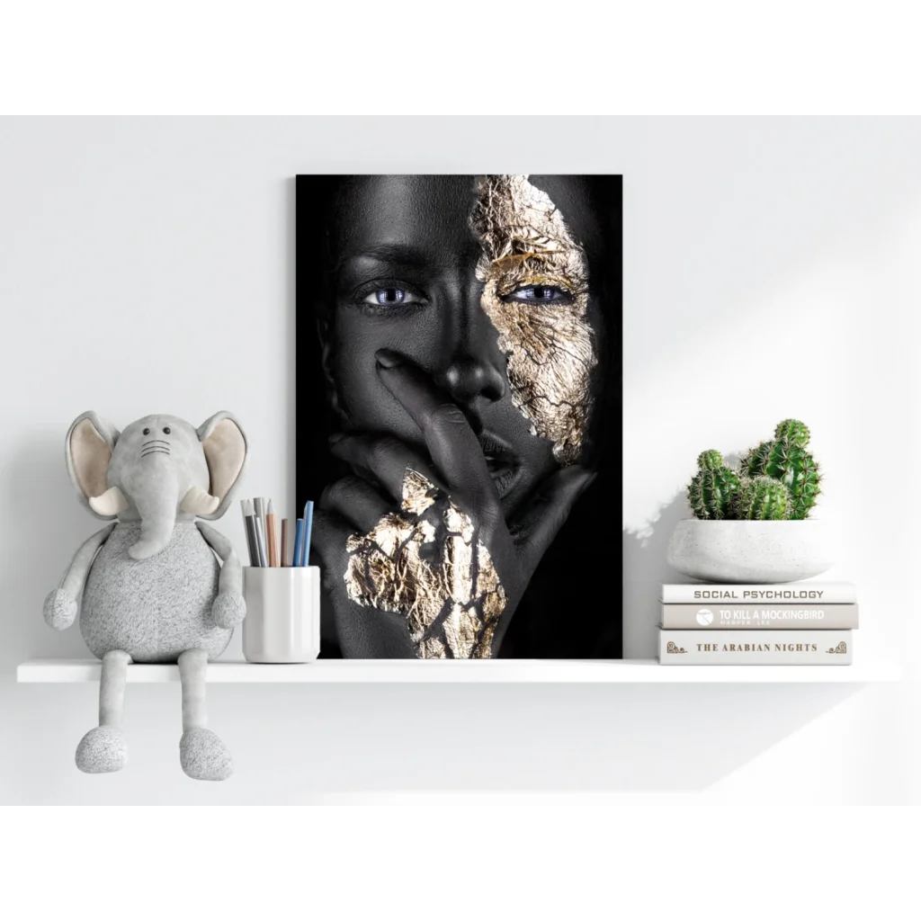 Black gold foil-faced split face portrait canvas art