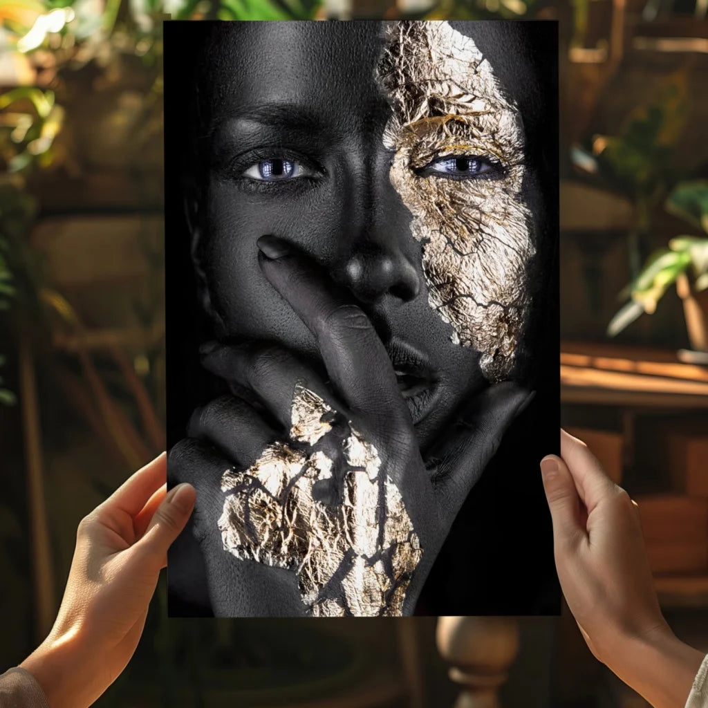 Striking black-gold split face portrait of woman on canvas art