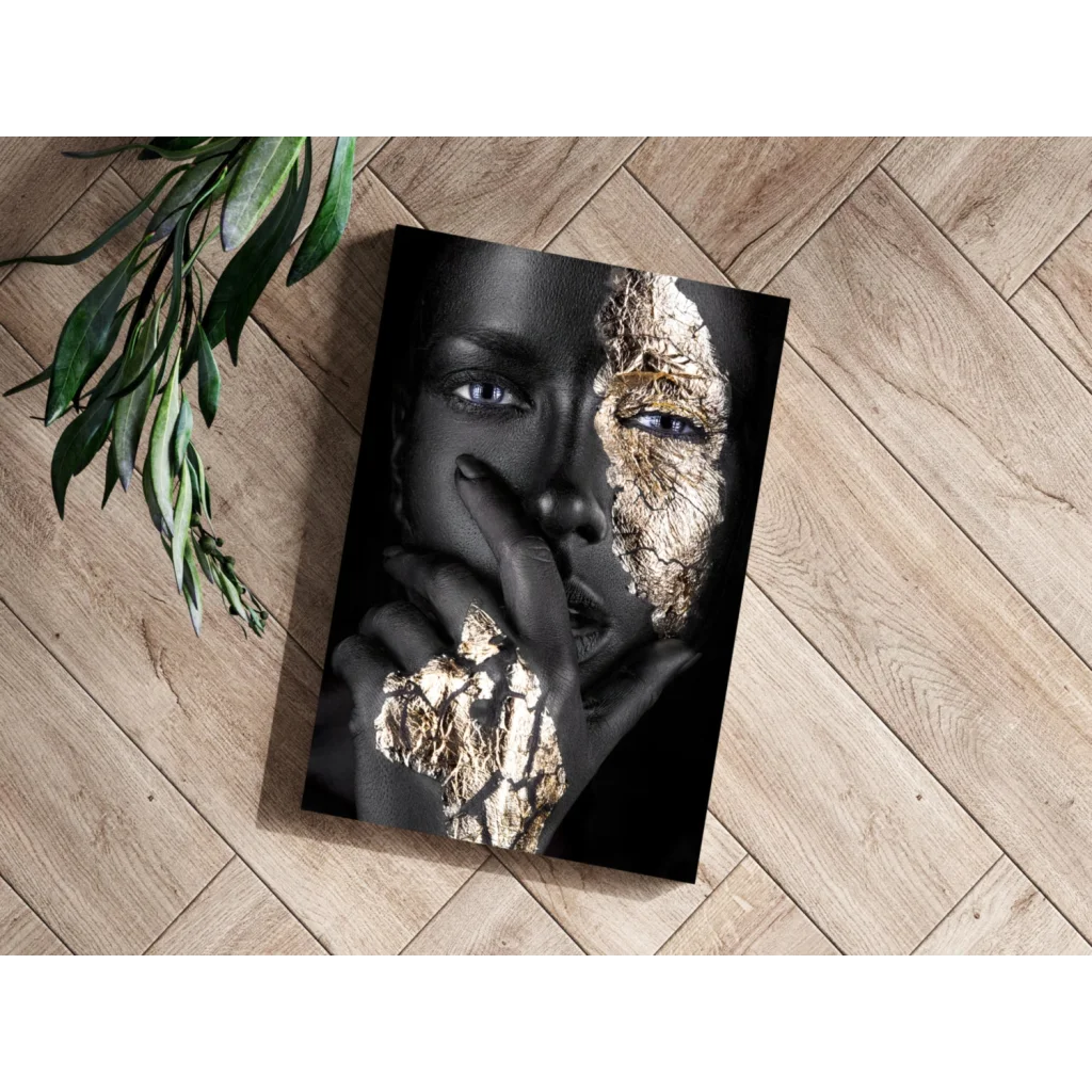 Black gold split face portrait canvas art of a woman