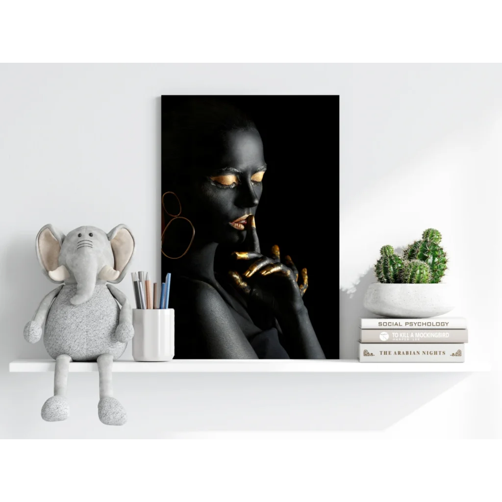 Black and gold woman portrait aluminum wall art print