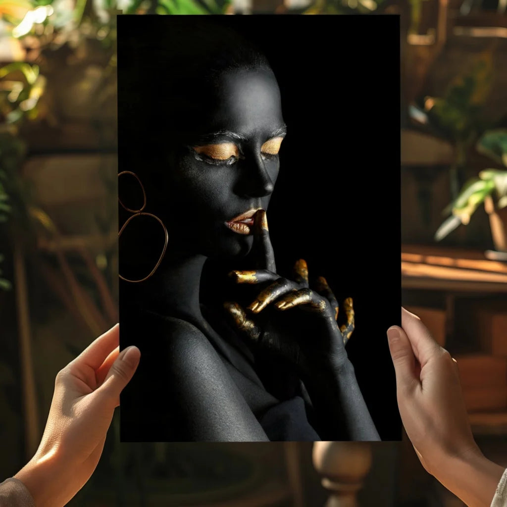 Black and gold foil woman portrait aluminum wall art print