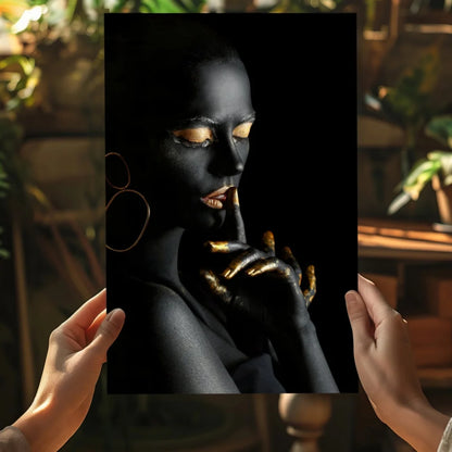 Black and gold foil woman portrait aluminum wall art print