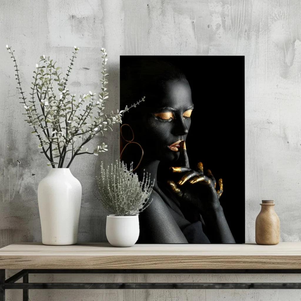 Black and gold woman portrait aluminum wall art print