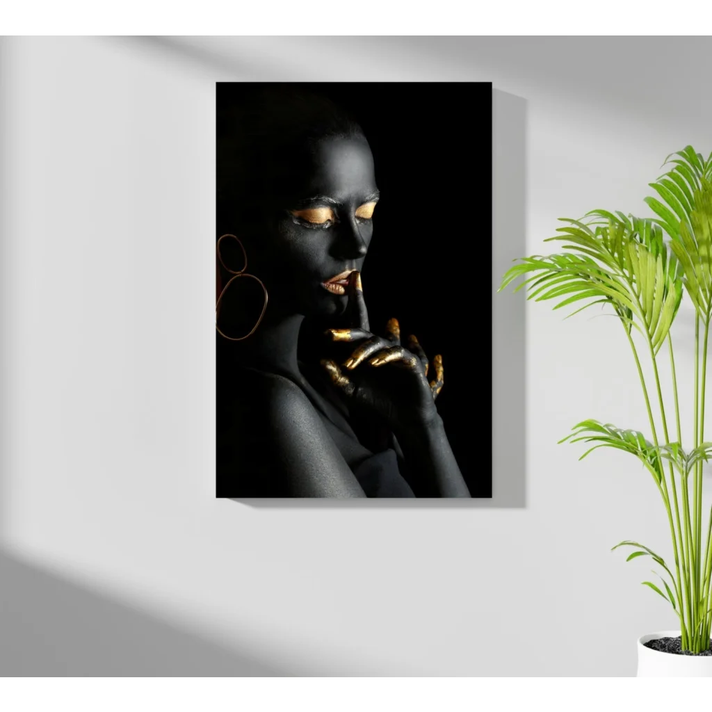 Black and gold woman portrait aluminum wall art print