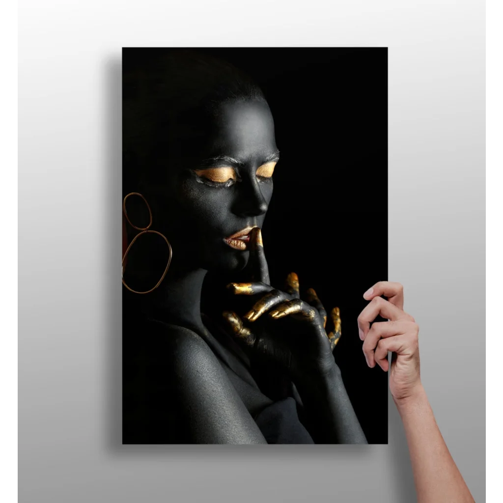 Elegant black and gold woman portrait on aluminum wall art print