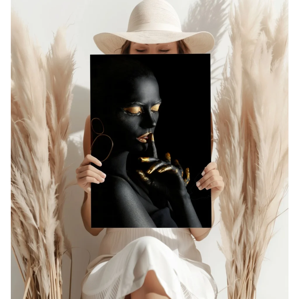 Black and gold intricate mask on woman portrait aluminum wall art