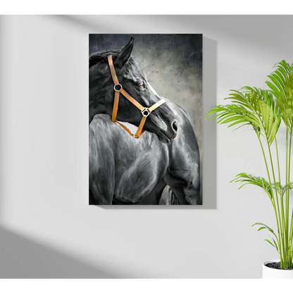Stunning black horse portrait on insigne aluminum print with tan leather halter