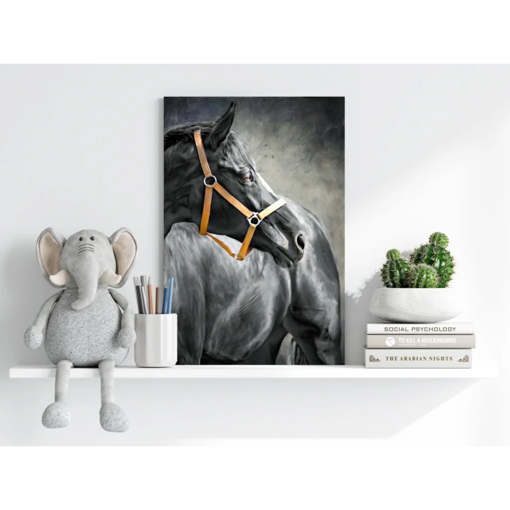 Stunning black horse portrait on insigne aluminum print with tan bridle