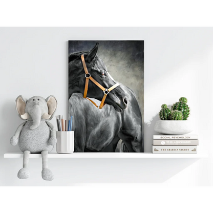Stunning black horse portrait on insigne aluminum print with tan bridle