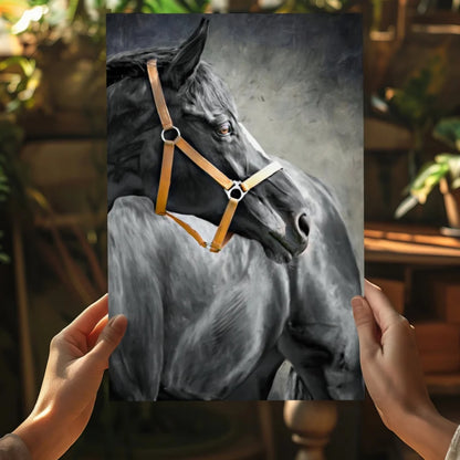 Grayscale black horse with tan bridle on insigne aluminum print
