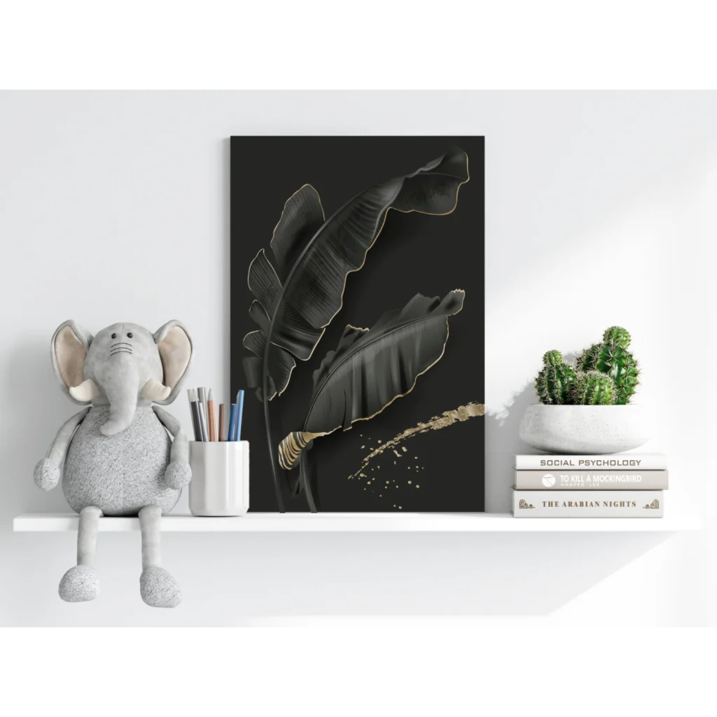 Stylized banana leaves black canvas print with gold foil on Insigne aluminum