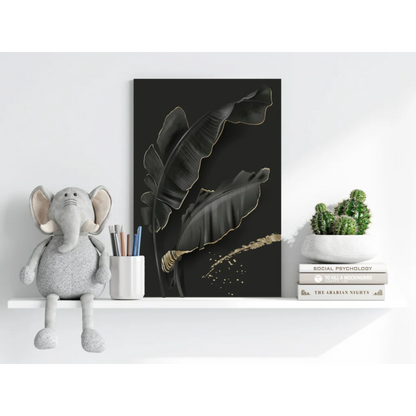 Stylized banana leaves black canvas print with gold foil on Insigne aluminum