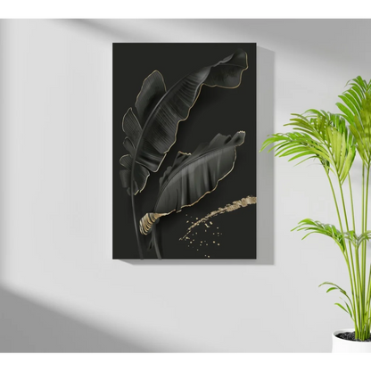 Stylized black banana leaves with gold accents on Insigne aluminum print