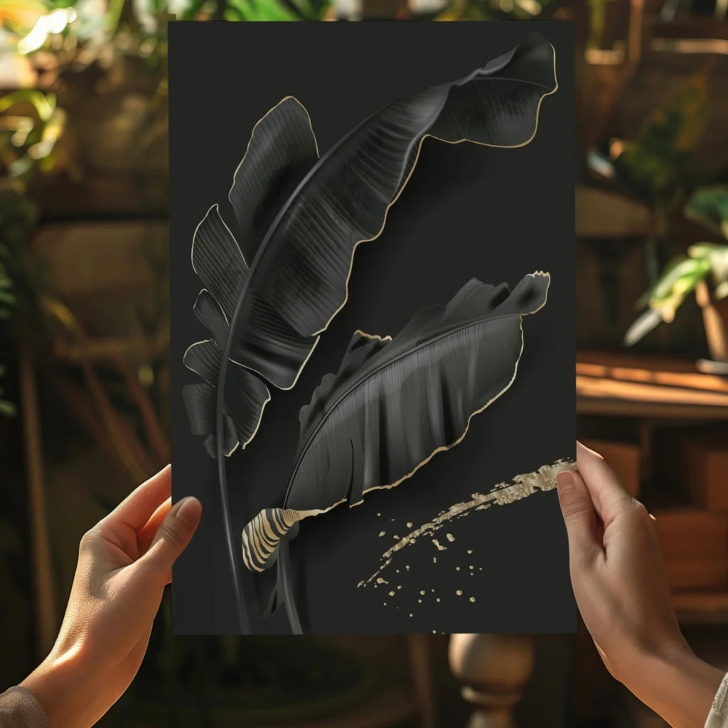 Black banana leaf insigne aluminum print with gold foil accents