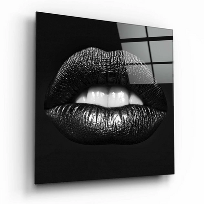 Stunning black glossy lips with metallic shine on glass wall art