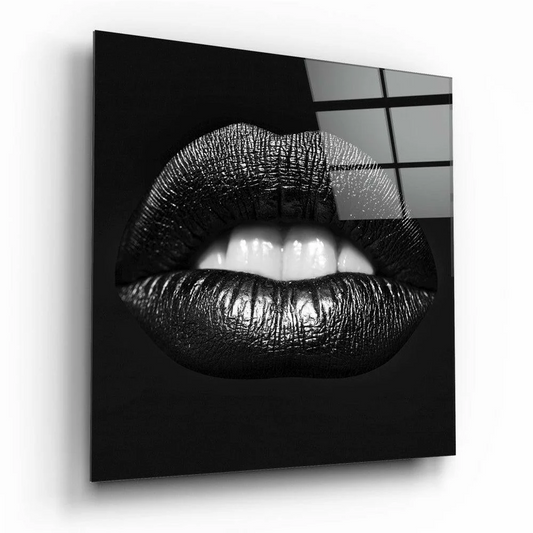 Stunning black glossy lips with metallic shine on glass wall art