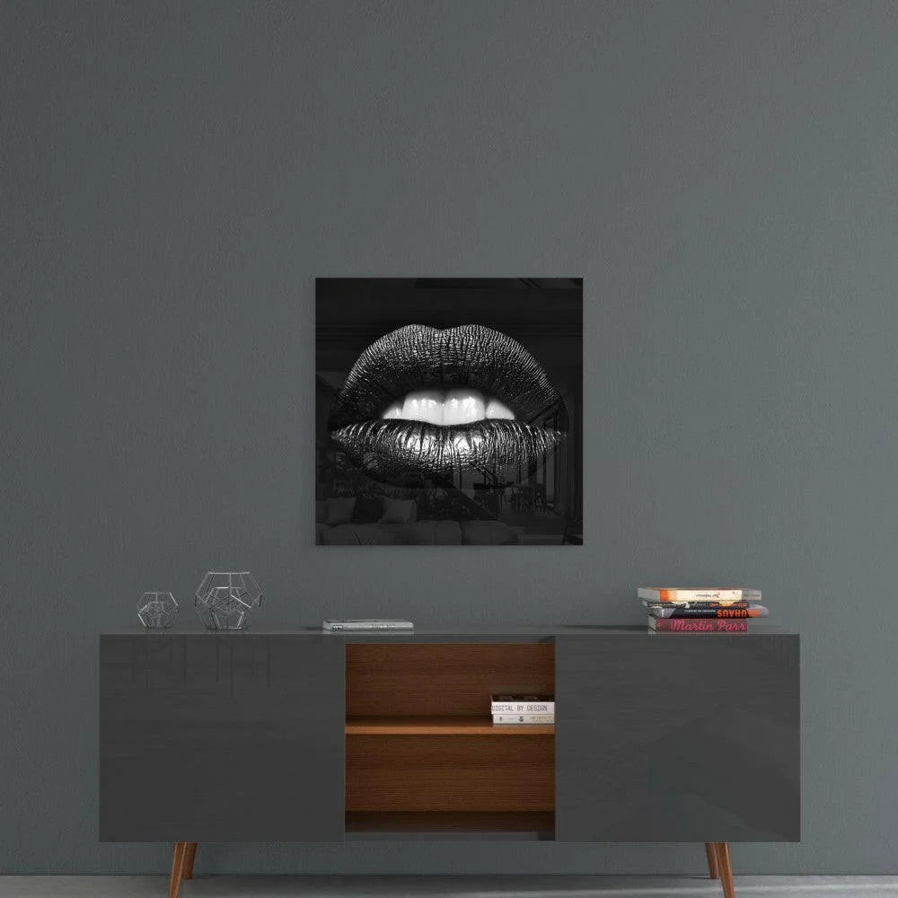 Glossy black lips glass wall art with teeth and metallic shine