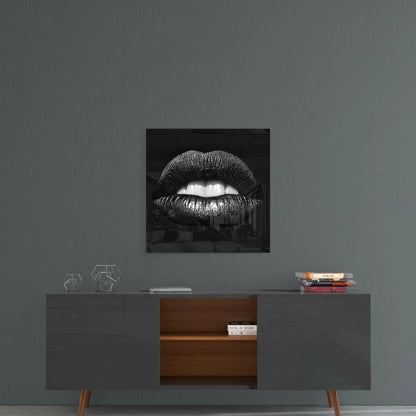 Glossy black lips glass wall art with teeth and metallic shine