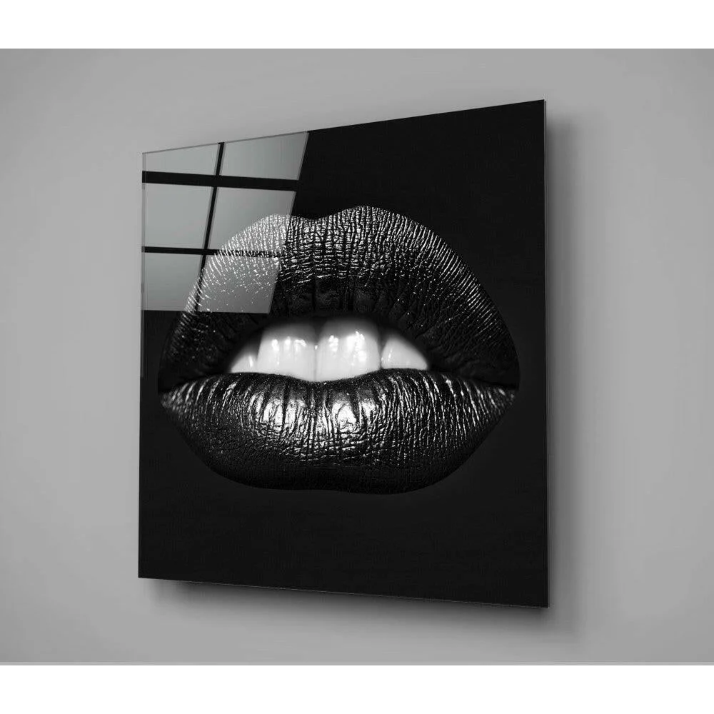 Stunning black glossy lips glass wall art with metallic mirror shine