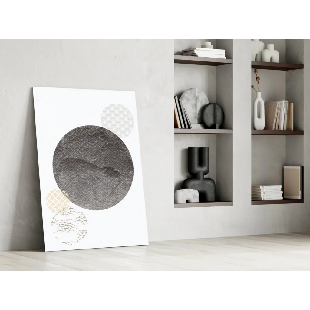 Minimalist textured gray circle glass wall art with gold accents