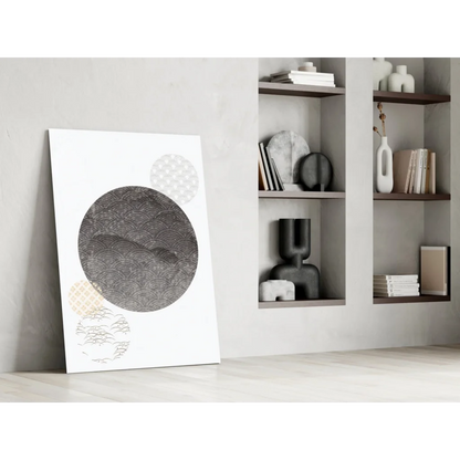 Minimalist textured gray circle glass wall art with gold accents