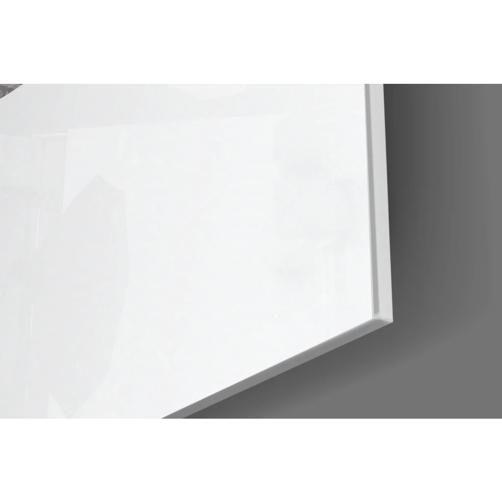 Sleek white glossy panel in textured gray circle glass wall art with gold accents