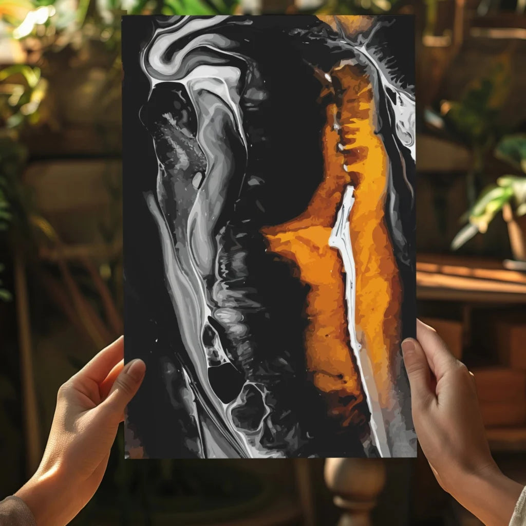 Black orange abstract canvas print with glossy swirls