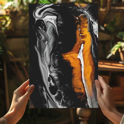 Black orange abstract canvas print with glossy swirls