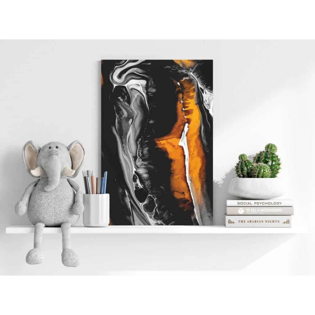 Black orange abstract canvas print with glossy swirls