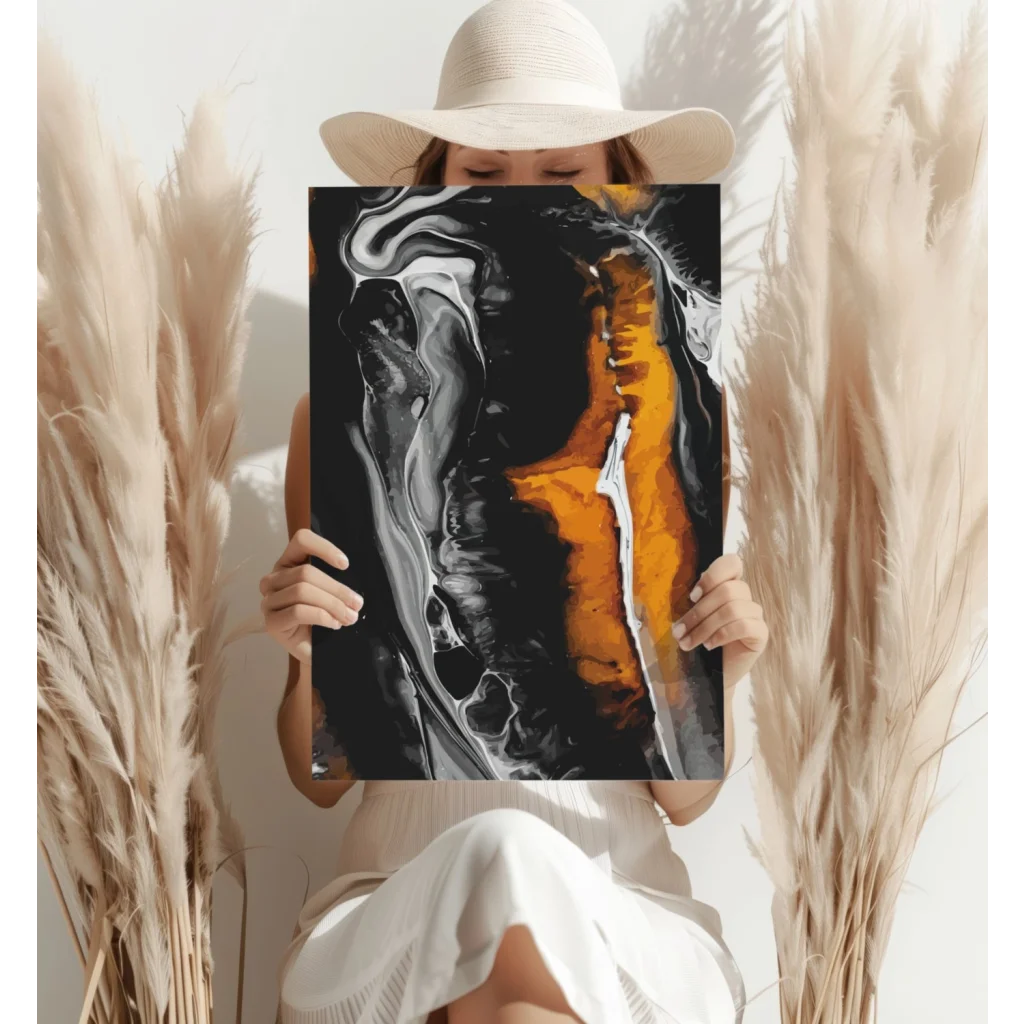 Black orange abstract canvas print with glossy swirls