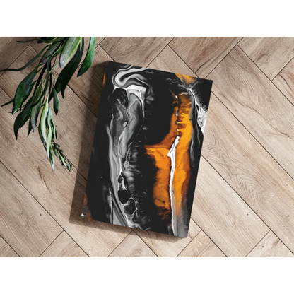 Black orange abstract canvas painting with glossy swirls