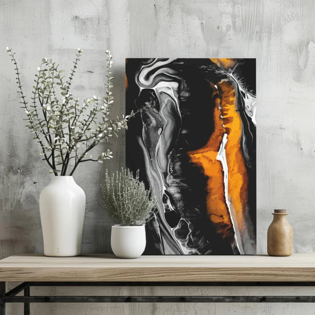 Black orange abstract canvas painting with glossy swirling lines