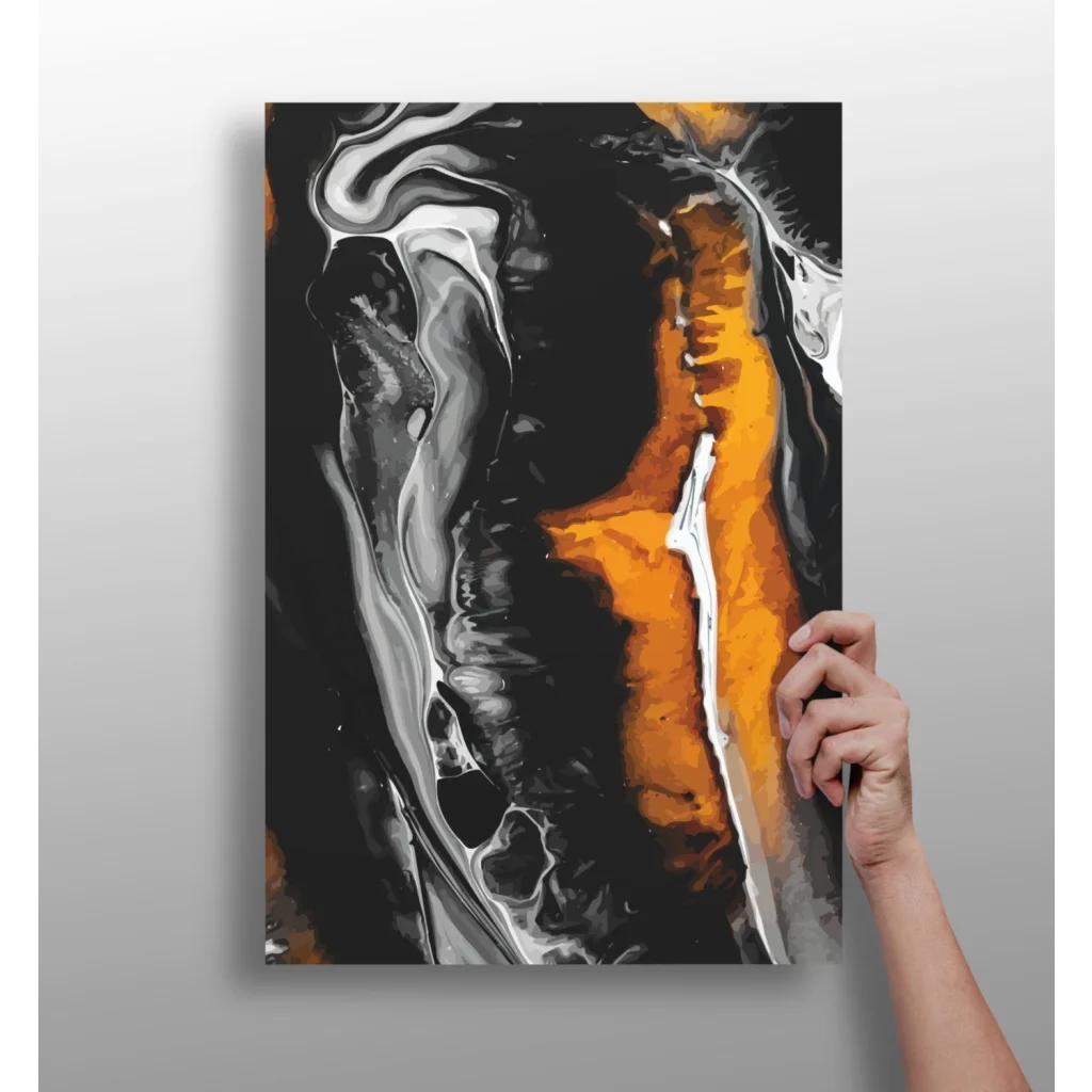 Black orange abstract canvas with glossy white swirls, modern art design