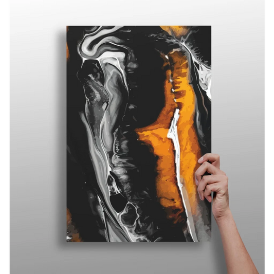 Black orange abstract canvas with glossy white swirls, modern art design