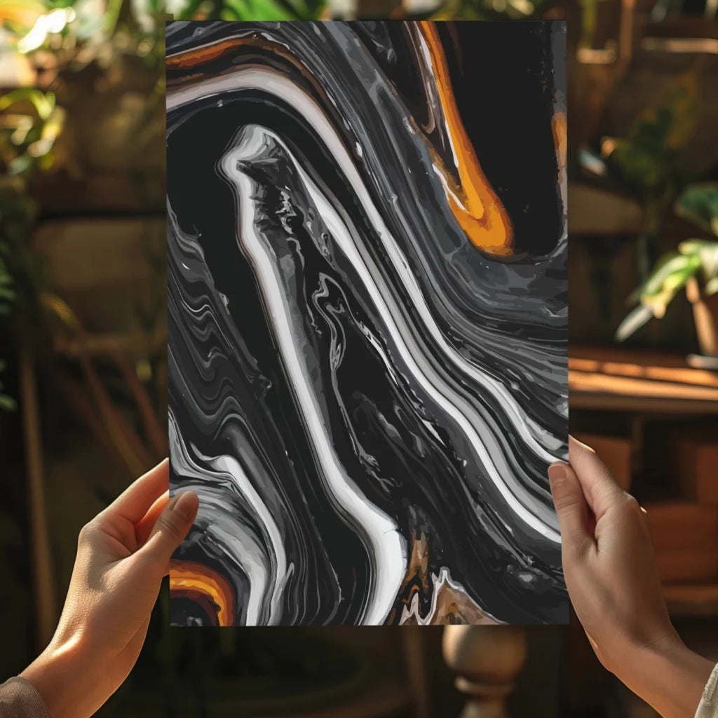Black orange marble abstract coaster with glossy finish