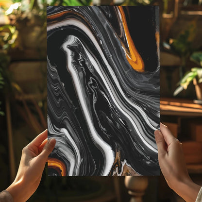 Black orange marble abstract coaster with glossy finish