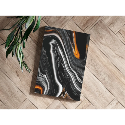 Black orange marble abstract aluminum wall art print with glossy finish