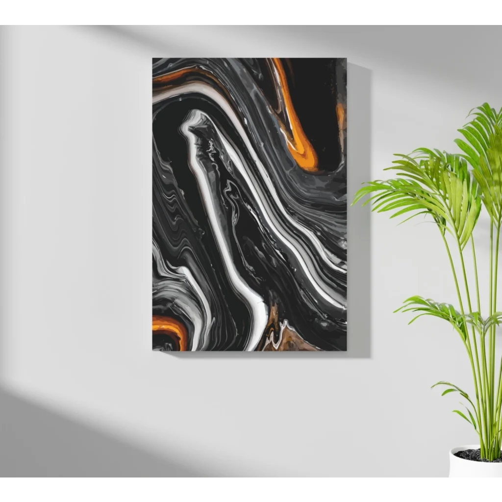Black orange marble abstract aluminum wall art print on canvas