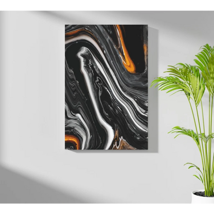 Black orange marble abstract aluminum wall art print on canvas