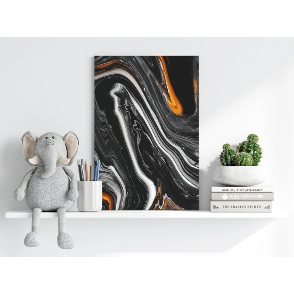 Black orange marble abstract aluminum wall art print with modern canvas design