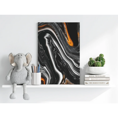 Black orange marble abstract aluminum wall art print with modern canvas design